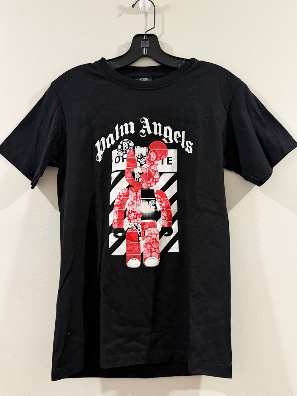 Palm Angels Black Short-Sleeve Tee with Red Bandana Bear Graphic